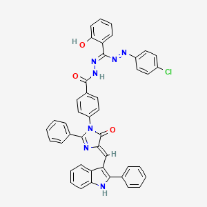 molecular formula C44H30ClN7O3 B12751774 Benzoic acid, 4-(4,5-dihydro-5-oxo-2-phenyl-4-((2-phenyl-1H-indol-3-yl)methylene)-1H-imidazol-1-yl)-, (((4-chlorophenyl)azo)(2-hydroxyphenyl)methylene)hydrazide CAS No. 134248-71-8