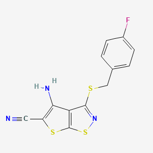molecular formula C13H8FN3S3 B12751827 Thieno(3,2-d)isothiazole-5-carbonitrile, 4-amino-3-(((4-fluorophenyl)methyl)thio)- CAS No. 135518-34-2