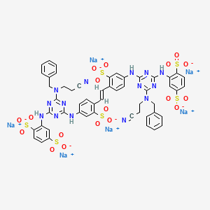 molecular formula C52H40N14Na6O18S6 B12752314 Hexasodium 2,2'-(vinylenebis((3-sulphonato-4,1-phenylene)imino(6-((2-cyanoethyl)(phenylmethyl)amino)-1,3,5-triazine-4,2-diyl)imino))bis(benzene-1,4-disulphonate) CAS No. 82799-31-3