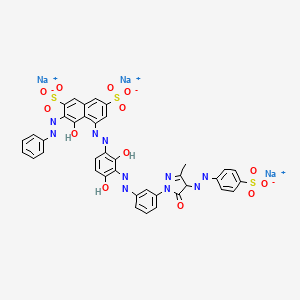 molecular formula C38H25N10Na3O13S3 B12752396 Trisodium 4-((3-((3-(4,5-dihydro-3-methyl-5-oxo-4-((4-sulphonatophenyl)azo)-1H-pyrazol-1-yl)phenyl)azo)-2,4-dihydroxyphenyl)azo)-5-hydroxy-6-(phenylazo)naphthalene-2,7-disulphonate CAS No. 85631-86-3