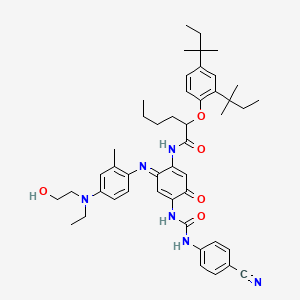molecular formula C47H60N6O5 B12752448 Hexanamide, 2-[2,4-bis(1,1-dimethylpropyl)phenoxy]-N-[4-[[[(4-cyanophenyl)amino]carbonyl]amino]-6-[[4-[ethyl(2-hydroxyethyl)amino]-2-methylphenyl]imino]-3-oxo-1,4-cyclohexadien-1-yl]- CAS No. 125139-18-6
