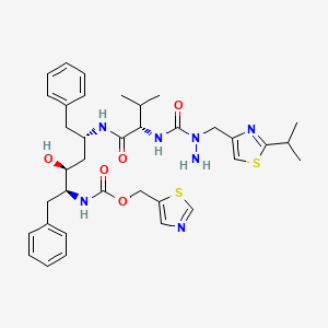 molecular formula C36H47N7O5S2 B12752463 thiazol-5-ylmethyl N-[(1S,2S,4S)-4-[[(2S)-2-[[amino-[(2-isopropylthiazol-4-yl)methyl]carbamoyl]amino]-3-methyl-butanoyl]amino]-1-benzyl-2-hydroxy-5-phenyl-pentyl]carbamate CAS No. 165315-36-6