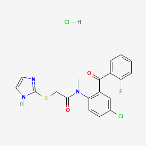 molecular formula C19H16Cl2FN3O2S B12752585 Acetamide, N-(4-chloro-2-(2-fluorobenzoyl)phenyl)-2-(1H-imidazol-2-ylthio)-N-methyl-, monohydrochloride CAS No. 128433-41-0