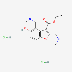 molecular formula C17H26Cl2N2O4 B12752667 3-Benzofurancarboxylic acid, 2,4-bis((dimethylamino)methyl)-5-hydroxy-, ethyl ester, dihydrochloride, monohydrate CAS No. 85388-78-9