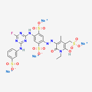 molecular formula C24H19FN8Na4O14S4 B12752684 Tetrasodium 2-((1-ethyl-1,6-dihydro-2-hydroxy-4-methyl-6-oxo-5-(sulphonatomethyl)-3-pyridyl)azo)-5-((4-fluoro-6-((3-sulphonatophenyl)amino)-1,3,5-triazin-2-yl)amino)benzene-1,4-disulphonate CAS No. 85536-80-7