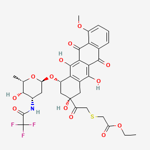 molecular formula C33H34F3NO13S B12752797 Acetic acid, ((2-(1,2,3,4,6,11-hexahydro-2,5,12-trihydroxy-7-methoxy-6,11-dioxo-4-((2,3,6-trideoxy-3-((trifluoroacetyl)amino)-alpha-L-lyxo-hexopyranosyl)oxy)-2-naphthacenyl)-2-oxoethyl)thio)-, ethyl ester, (2S-cis)- CAS No. 83291-71-8
