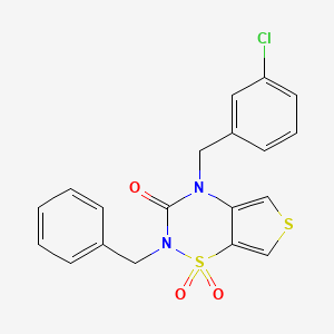molecular formula C19H15ClN2O3S2 B12752829 2H-Thieno(3,4-e)-1,2,4-thiadiazin-3(4H)-one, 4-((3-chlorophenyl)methyl)-2-(phenylmethyl)-, 1,1-dioxide CAS No. 214916-27-5