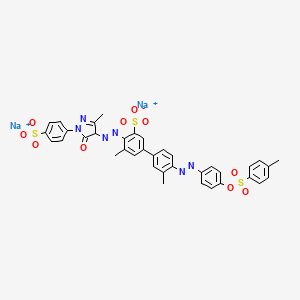 molecular formula C37H30N6Na2O10S3 B12753159 Disodium 4-((4,5-dihydro-3-methyl-5-oxo-1-(4-sulphonatophenyl)-1H-pyrazol-4-yl)azo)-3',5-dimethyl-4'-((4-(((4-methylphenyl)sulphonyl)oxy)phenyl)azo)(1,1'-biphenyl)-3-sulphonate CAS No. 55698-26-5