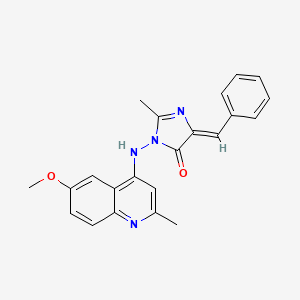 molecular formula C22H20N4O2 B12753177 4H-Imidazol-4-one, 3,5-dihydro-3-((6-methoxy-2-methyl-4-quinolinyl)amino)-2-methyl-5-(phenylmethylene)- CAS No. 85986-73-8