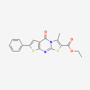 molecular formula C18H14N2O3S2 B12753256 5H-Thiazolo(3,2-a)thieno(2,3-d)pyrimidine-2-carboxylic acid, 3-methyl-5-oxo-7-phenyl-, ethyl ester CAS No. 122945-77-1