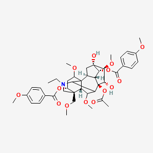 molecular formula C43H55NO14 B12753305 [(2S,3R,4R,5S,6S,7S,8R,13R,14R,17S)-8-acetyloxy-11-ethyl-5,7-dihydroxy-6,16,18-trimethoxy-4-(4-methoxybenzoyl)oxy-13-(methoxymethyl)-11-azahexacyclo[7.7.2.12,5.01,10.03,8.013,17]nonadecan-14-yl] 4-methoxybenzoate 