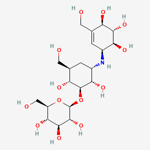 molecular formula C20H35NO13 B12753333 (1S-(1alpha,4alpha5beta,6alpha))-1,5,6-Trideoxy-3-O-beta-D-glucopyranosyl-5-(hydroxymethyl)-1-((4,5,6-trihydroxy-3-(hydroxymethyl)cyclohex-2-en-1-yl)amino)-D-chiro-inositol CAS No. 78180-90-2