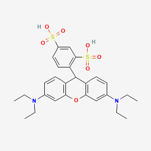 molecular formula C27H32N2O7S2 B12753338 4-(3,6-Bis(diethylamino)-9H-xanthen-9-yl)benzene-1,3-disulphonic acid CAS No. 85681-99-8