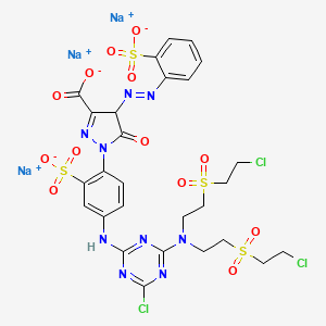 molecular formula C27H25Cl3N9Na3O13S4 B12753367 Trisodium 1-(4-((4-(bis(2-((2-chloroethyl)sulphonyl)ethyl)amino)-6-chloro-1,3,5-triazin-2-yl)amino)-2-sulphonatophenyl)-4,5-dihydro-5-oxo-4-((2-sulphonatophenyl)azo)-1H-pyrazole-3-carboxylate CAS No. 114492-67-0