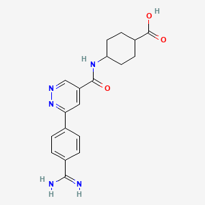 molecular formula C19H21N5O3 B12753398 Cyclohexanecarboxylic acid, 4-(((6-(4-(aminoiminomethyl)phenyl)-4-pyridazinyl)carbonyl)amino)-, trans- CAS No. 150594-92-6