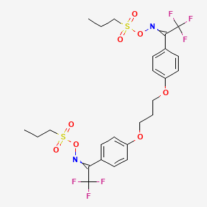 molecular formula C25H28F6N2O8S2 B12753839 Ethanone, 1,1'-(1,3-propanediylbis(oxy-4,1-phenylene))bis(2,2,2-trifluoro-, bis(O-(propylsulfonyl)oxime) CAS No. 300374-81-6