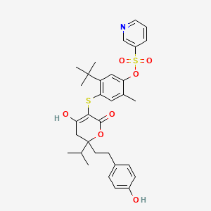 molecular formula C32H37NO7S2 B12754171 5-Tert-butyl-4-({6-hydroxy-2-[2-(4-hydroxyphenyl)ethyl]-4-oxo-2-(propan-2-yl)-3,4-dihydro-2h-pyran-5-yl}sulfanyl)-2-methylphenyl pyridine-3-sulfonate CAS No. 263842-88-2
