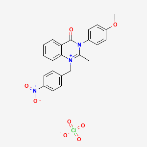 molecular formula C23H20ClN3O8 B12754500 Quinazolinium, 3,4-dihydro-3-(4-methoxyphenyl)-2-methyl-1-((4-nitrophenyl)methyl)-4-oxo-, perchlorate CAS No. 92944-93-9
