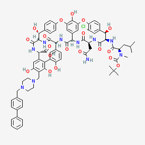molecular formula C76H81ClN10O19 B12754830 Vancomycin, 29-((4-((1,1'-biphenyl)-4-ylmethyl)-1-piperazinyl)methyl)-44-O-de(2-O-(3-amino-2,3,6-trideoxy-3-C-methyl-alpha-L-lyxo-hexopyranosyl)-beta-D-glucopyranosyl)-19-dechloro-56-((1,1-dimethylethoxy)carbonyl)- CAS No. 562105-22-0