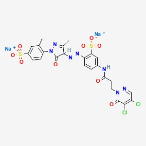 molecular formula C24H19Cl2N7Na2O9S2 B12754925 Disodium 5-((3-(4,5-dichloro-6-oxo-6H-pyridazin-1-yl)-1-oxopropyl)amino)-2-((4,5-dihydro-3-methyl-1-(2-methyl-4-sulphonatophenyl)-5-oxo-1H-pyrazol-4-yl)azo)benzenesulphonate CAS No. 85959-07-5