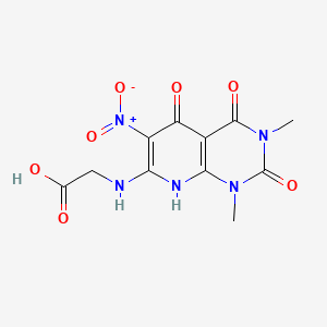 molecular formula C11H11N5O7 B12755221 Glycine, N-(1,2,3,4,5,8-hexahydro-1,3-dimethyl-6-nitro-2,4,5-trioxopyrido(2,3-d)pyrimidin-7-yl)- CAS No. 141985-38-8
