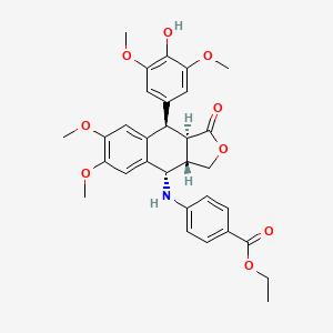 molecular formula C31H33NO9 B12755328 (3aS-(3aalpha,4beta,9alpha,9abeta))-4-((1,3,3a,4,9,9a-hexahydro-9-(4-hydroxy-3,5-dimethoxyphenyl)-6,7-dimethoxy-1-oxonaphtho(2,3-c)furan-4-yl)amino)benzoic acid, ethyl ester CAS No. 138355-95-0