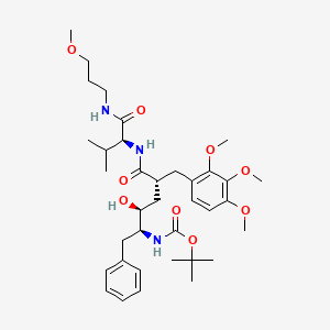 molecular formula C36H55N3O9 B12755502 2-Oxa-6,9,15-triazahexadecan-16-oic acid, 13-hydroxy-8-(1-methylethyl)-7,10-dioxo-14-(phenylmethyl)-11-((2,3,4-trimethoxyphenyl)methyl)-,1,1-dimethylethyl ester, (8S-(8R*,11S*,13R*,14R*))- CAS No. 178047-86-4
