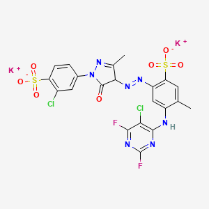 molecular formula C21H13Cl2F2K2N7O7S2 B12755505 Dipotassium 6-((5-chloro-2,6-difluoro-4-pyrimidinyl)amino)-4-((1-(3-chloro-4-sulphonatophenyl)-4,5-dihydro-3-methyl-5-oxo-1H-pyrazol-4-yl)azo)toluene-3-sulphonate CAS No. 79135-94-7