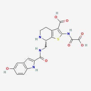 molecular formula C20H18N4O7S B12755538 Thieno(2,3-C)pyridine-3-carboxylic acid, 2-((carboxycarbonyl)amino)-4,5,6,7-tetrahydro-7-((((5-hydroxy-1H-indol-2-yl)carbonyl)amino)methyl)-, (7S)- CAS No. 390426-18-3