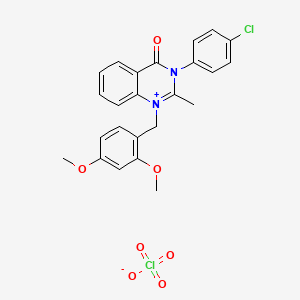 molecular formula C24H22Cl2N2O7 B12755623 Quinazolinium, 3,4-dihydro-3-(4-chlorophenyl)-1-((2,4-dimethoxyphenyl)methyl)-2-methyl-4-oxo-, perchlorate CAS No. 139755-24-1