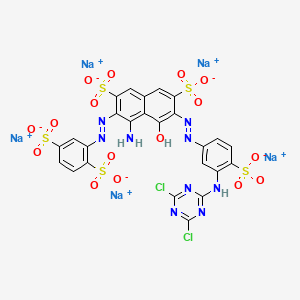 molecular formula C25H12Cl2N9Na5O16S5 B12755898 Pentasodium 4-amino-6-((3-((4,6-dichloro-1,3,5-triazin-2-yl)amino)-4-sulphonatophenyl)azo)-3-((2,5-disulphonatophenyl)azo)-5-hydroxynaphthalene-2,7-disulphonate CAS No. 73398-43-3