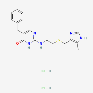 molecular formula C18H23Cl2N5OS B12755986 4(1H)-Pyrimidinone, 2-((2-(((5-methyl-1H-imidazol-4-yl)methyl)thio)ethyl)amino)-5-(phenylmethyl)-, dihydrochloride CAS No. 116608-81-2