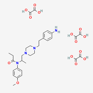 molecular formula C31H42N4O14 B12756018 1-(2-Methyl-2-(N-propionyl-p-methoxyphenylamino)ethyl)-4-(p-aminophenethyl)piperazine oxalate CAS No. 91098-76-9