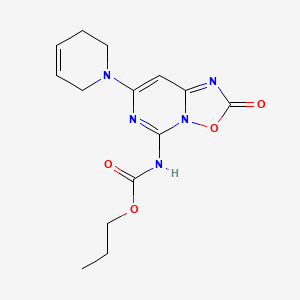 molecular formula C14H17N5O4 B12756406 Carbamic acid, (7-(3,6-dihydro-1(2H)-pyridinyl)-2-oxo-2H-(1,2,4)oxadiazolo(2,3-c)pyrimidin-5-yl)-, propyl ester CAS No. 83395-30-6