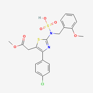 molecular formula C20H19ClN2O6S2 B12756444 Thiazole-5-acetic acid, 4-(p-chlorophenyl)-2-(o-methoxy-alpha-sulfobenzylamino)-, methyl ester CAS No. 102628-31-9