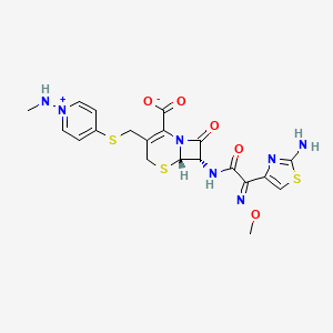 molecular formula C20H21N7O5S3 B12756488 Pyridinium, 4-(((7-(((2-amino-4-thiazolyl)(methoxyimino)acetyl)amino)-2-carboxy-8-oxo-5-thia-1-azabicyclo(4.2.0)oct-2-en-3-yl)methyl)thio)-1-(methylamino)-, inner salt, (6R-(6-alpha,7-beta(Z)))- CAS No. 134481-45-1