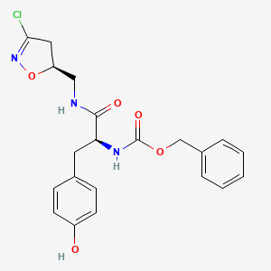 molecular formula C21H22ClN3O5 B12756516 Carbamic acid, (2-(((3-chloro-4,5-dihydro-5-isoxazolyl)methyl)amino)-1-((4-hydroxyphenyl)methyl)-2-oxoethyl)-, phenylmethyl ester, (S-(R*,R*))- CAS No. 115329-73-2