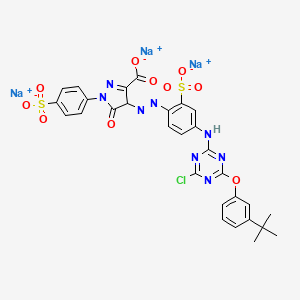 molecular formula C29H22ClN8Na3O10S2 B12756522 Trisodium 4-((4-((6-(3-tert-butylphenoxy)-4-chloro-1,3,5-triazin-2-yl)amino)-2-sulphonatophenyl)azo)-4,5-dihydro-5-oxo-1-(4-sulphonatophenyl)-1H-pyrazole-3-carboxylate CAS No. 85136-27-2