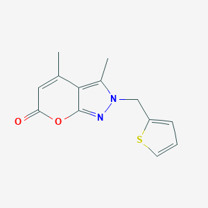 molecular formula C13H12N2O2S B127575 Pyrano(2,3-c)pyrazol-6(2H)-one, 3,4-dimethyl-2-(2-thienylmethyl)- CAS No. 144092-64-8