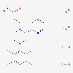molecular formula C22H36Cl2N4O3 B12758086 3-[2-pyridin-2-yl-4-(2,3,5,6-tetramethylphenyl)piperazin-1-yl]propanamide;dihydrate;dihydrochloride CAS No. 104373-56-0