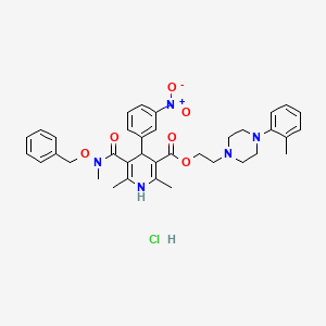 molecular formula C36H42ClN5O6 B12758100 3-Pyridinecarboxylic acid, 1,4-dihydro-2,6-dimethyl-5-((methyl(phenylmethoxy)amino)carbonyl)-4-(3-nitrophenyl)-, 2-(4-(2-methylphenyl)-1-piperazinyl)ethyl ester, monohydrochloride CAS No. 133147-22-5