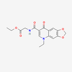 molecular formula C17H18N2O6 B12758110 Glycine, N-((5-ethyl-5,8-dihydro-8-oxo-1,3-dioxolo(4,5-g)quinolin-7-yl)carbonyl)-, ethyl ester CAS No. 110261-15-9