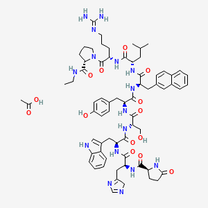 molecular formula C68H88N16O14 B12758219 acetic acid;(2S)-N-[(2S)-1-[[(2S)-1-[[(2S)-1-[[(2S)-1-[[(2R)-1-[[(2S)-1-[[(2S)-5-(diaminomethylideneamino)-1-[(2S)-2-(ethylcarbamoyl)pyrrolidin-1-yl]-1-oxopentan-2-yl]amino]-4-methyl-1-oxopentan-2-yl]amino]-3-naphthalen-2-yl-1-oxopropan-2-yl]amino]-3-(4-hydroxyphenyl)-1-oxopropan-2-yl]amino]-3-hydroxy-1-oxopropan-2-yl]amino]-3-(1H-indol-3-yl)-1-oxopropan-2-yl]amino]-3-(4H-imidazol-5-yl)-1-oxopropan-2-yl]-5-oxopyrrolidine-2-carboxamide CAS No. 82318-07-8
