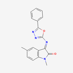 molecular formula C18H14N4O2 B12758231 1,5-Dimethyl-3-(5-phenyl-1,3,4-oxadiazol-2-ylimino)-2-indolinone CAS No. 84640-78-8