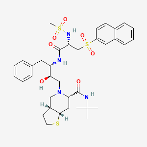molecular formula C36H48N4O7S3 B12758563 Thieno(3,2-c)pyridine-6-carboxamide, N-(1,1-dimethylethyl)octahydro-5-(2-hydroxy-3-((2-((methylsulfonyl)amino)-3-(2-naphthalenylsulfonyl)-1-oxopropyl)amino)-4-phenylbutyl)-, (3aR-(3aalpha,5(2R*,3S*(S*)),6beta,7aalpha))- CAS No. 169168-42-7