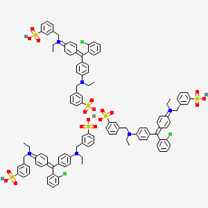 molecular formula C111H105AlCl3N6O18S6+3 B12758569 Trihydrogen tris((4-((2-chlorophenyl)(4-(ethyl(3-sulphonatobenzyl)amino)phenyl)methylene)cyclohexa-2,5-dien-1-ylidene)(ethyl)(3-sulphonatobenzyl)ammonium), aluminium salt CAS No. 84473-91-6
