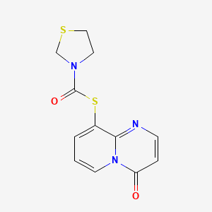 molecular formula C12H11N3O2S2 B12758576 S-(4-Oxo-4H-pyrido(1,2-a)pyrimidin-9-yl) 3-thiazolidinecarbothioate CAS No. 125209-42-9