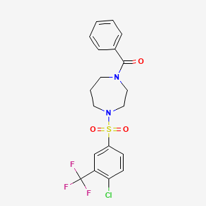 molecular formula C19H18ClF3N2O3S B12758589 1H-1,4-Diazepine, hexahydro-1-benzoyl-4-((4-chloro-3-(trifluoromethyl)phenyl)sulfonyl)- CAS No. 97629-78-2