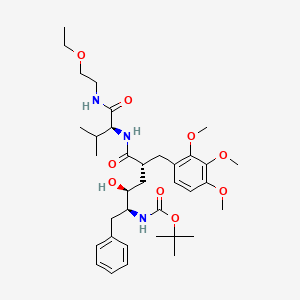 molecular formula C36H55N3O9 B12758607 14-Oxa-2,8,11-triazahexadecanoic acid, 4-hydroxy-9-(1-methylethyl)-7,10-dioxo-3-(phenylmethyl)-6-((2,3,4-trimethoxyphenyl)methyl)-, 1,1-dimethylethyl ester, (3S-(3R*,4R*,6S*,9R*))- CAS No. 178047-85-3