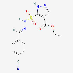 molecular formula C14H13N5O4S B12758658 Ethyl 3-((((4-cyanophenyl)methylene)hydrazino)sulfonyl)-1H-pyrazole-4-carboxylate CAS No. 145865-71-0